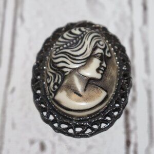 🤍🖤 Vintage Silver Carved & Inked Cameo · Stone/Bone · 2" Tall · rustic antique